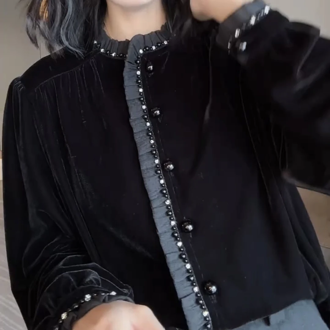 4808时尚立领丝绒百搭上衣重工艺钉珠纯色上衣宽松百搭