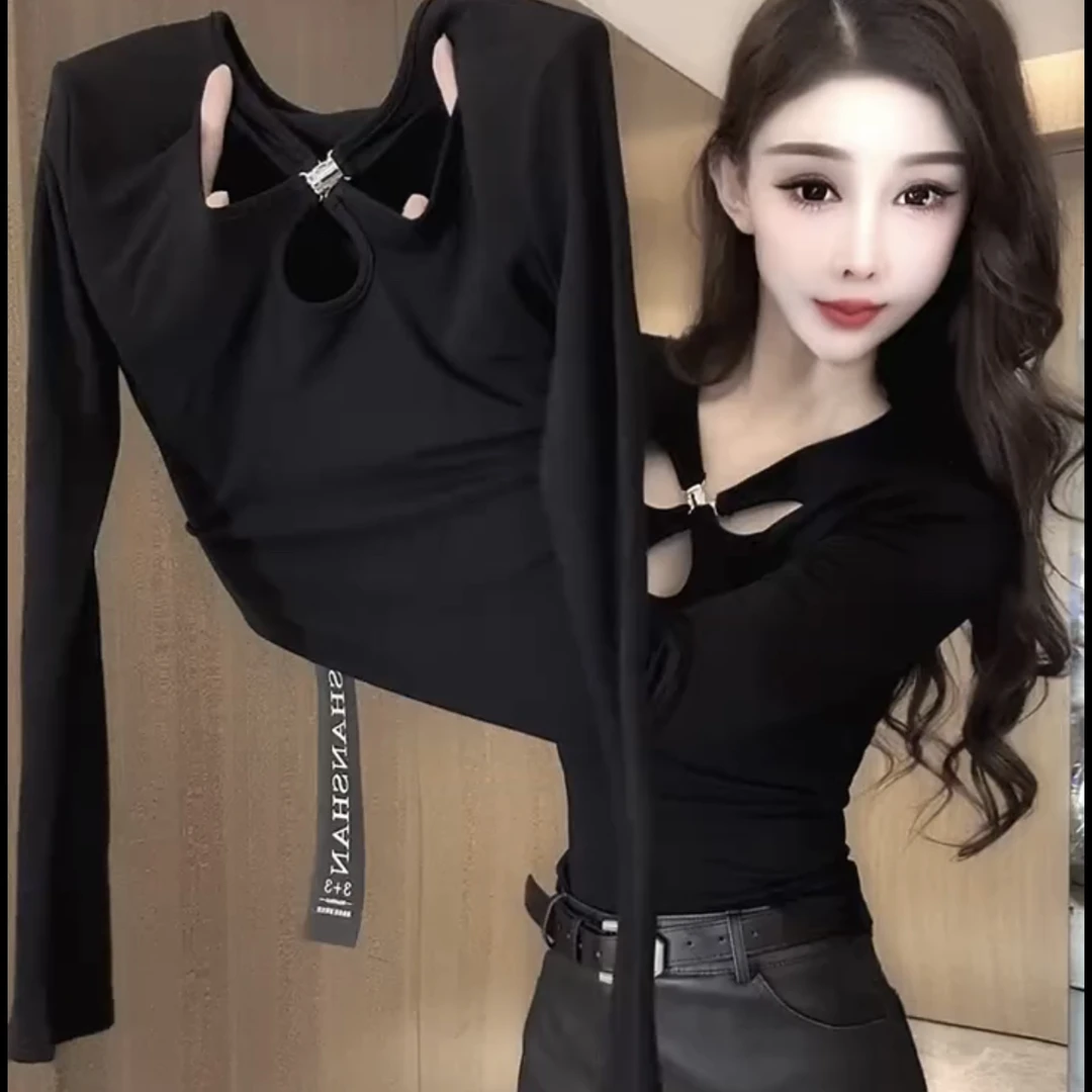 4770秋冬新款性感镂空两穿长袖t恤女纯欲上衣别致内搭打底衫