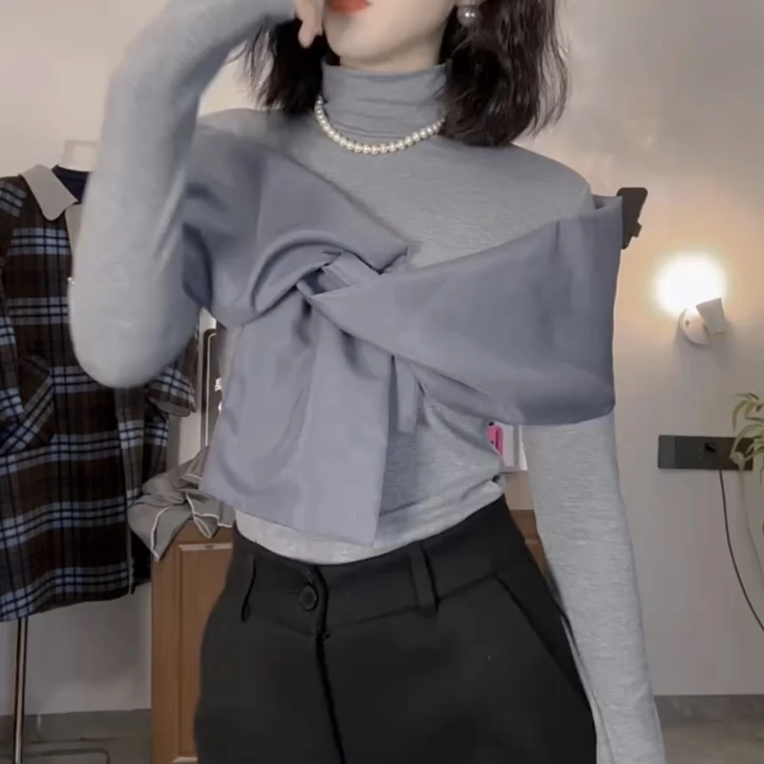 秋季时尚网纱蝴蝶结装饰长袖T恤女设计感上衣小衫