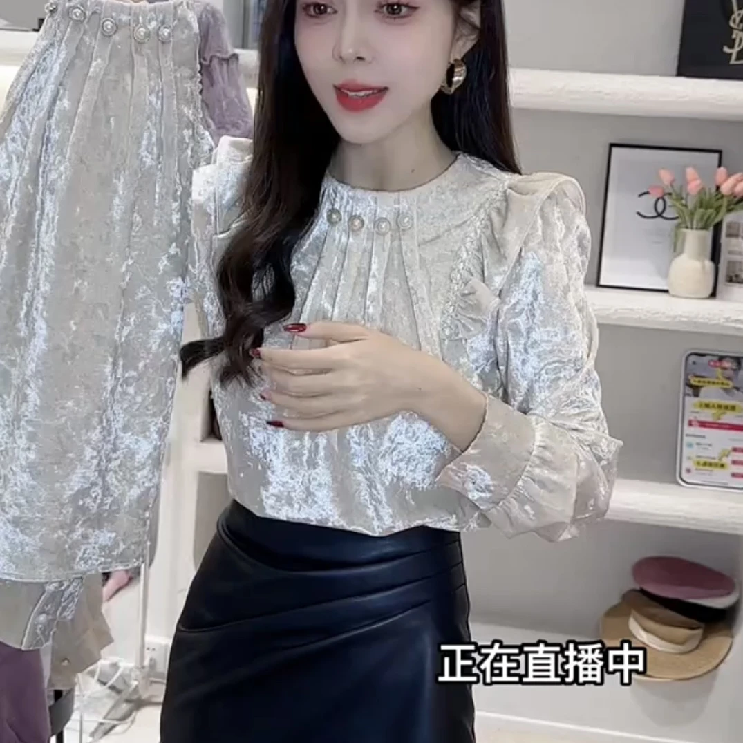 4778秋冬新款洋气拼接花边长袖衬衫设计感小众上衣