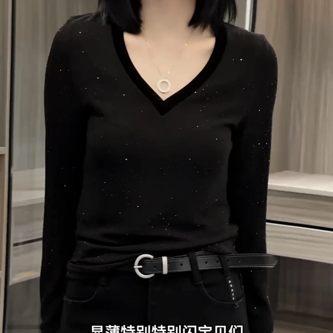 4036V领满天星拼接丝绒领长袖打底T恤女修身显瘦时尚百搭上衣