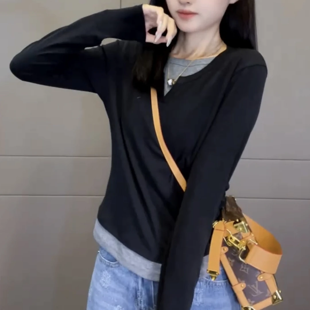 4739假两件长袖T恤女显瘦百搭上衣秋冬新款
