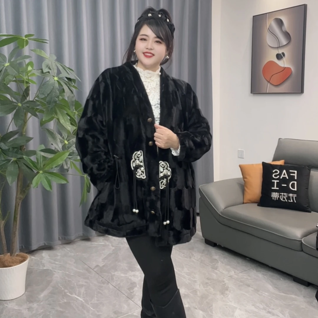 人造皮草 2700国风抽腰新中式欧貂冬季新款大码显瘦加大300斤外套