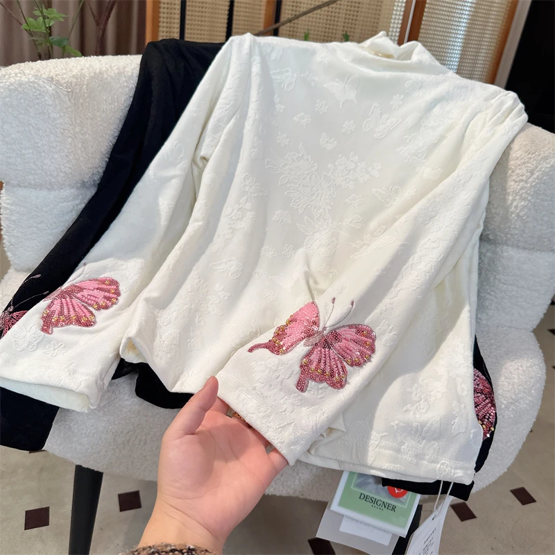 【年货大促钉珠重工蝴蝶高领加绒款】新款气质百搭显瘦女士打底衫