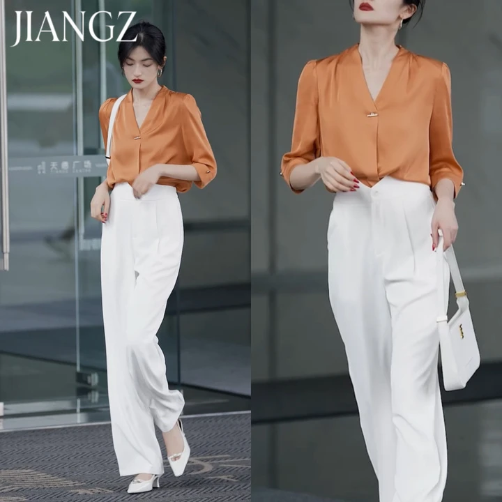 「JIANG.Z定制」通勤上衣气质显瘦简约V领衬衫23C0158