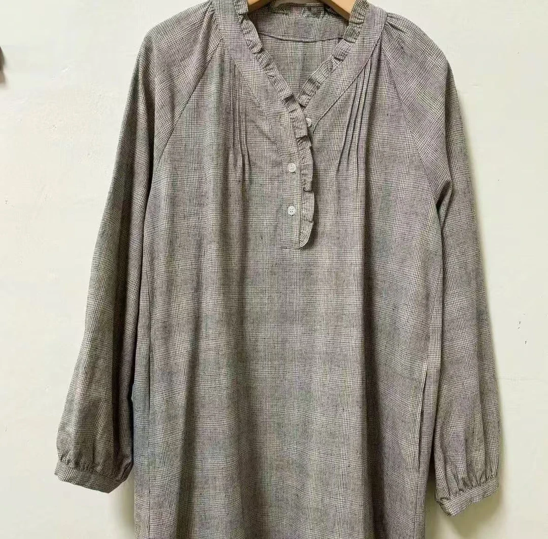 日系文艺格子长袖连衣裙