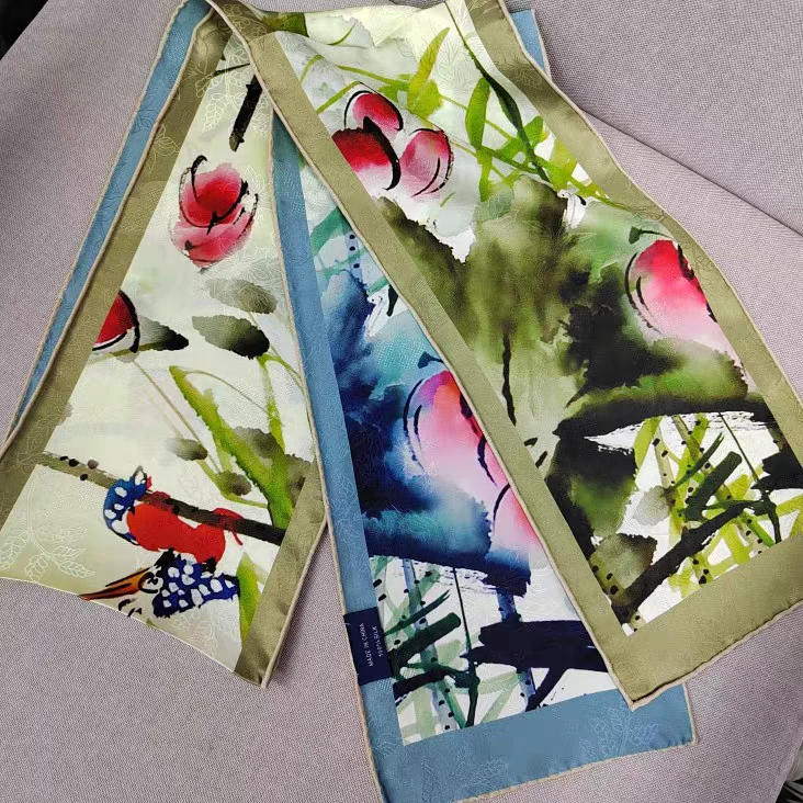 【水墨莲花】春秋气质异色花长款小飘巾丝带领巾细长款百搭时尚洋气