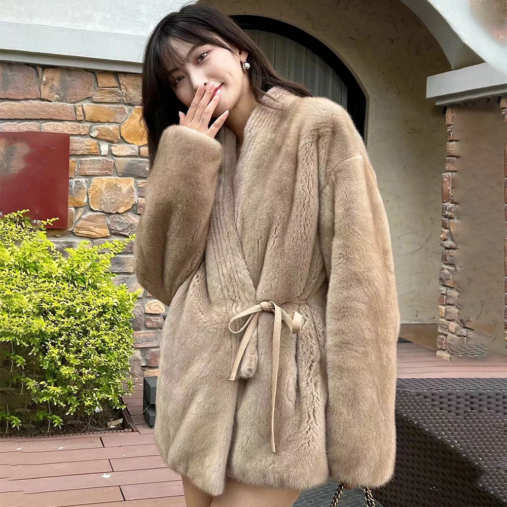 海宁新款V领系带丹麦进口貂皮大衣整貂宽松年轻款水貂毛皮草外套