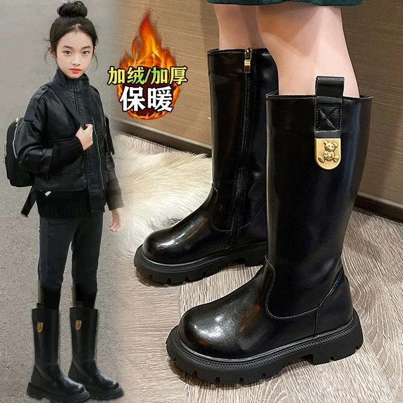 回力瑞女童靴子冬季2023新款儿童长筒靴加绒保暖皮靴中大童马丁靴
