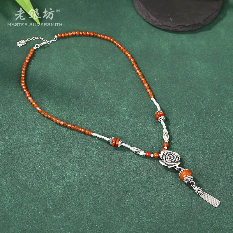 老银坊s925银南红玫瑰好运连连毛衣链 0022860