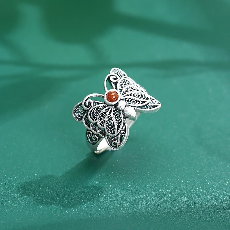 老银坊s925银玛瑙精工花丝蝴蝶戒指 0031527
