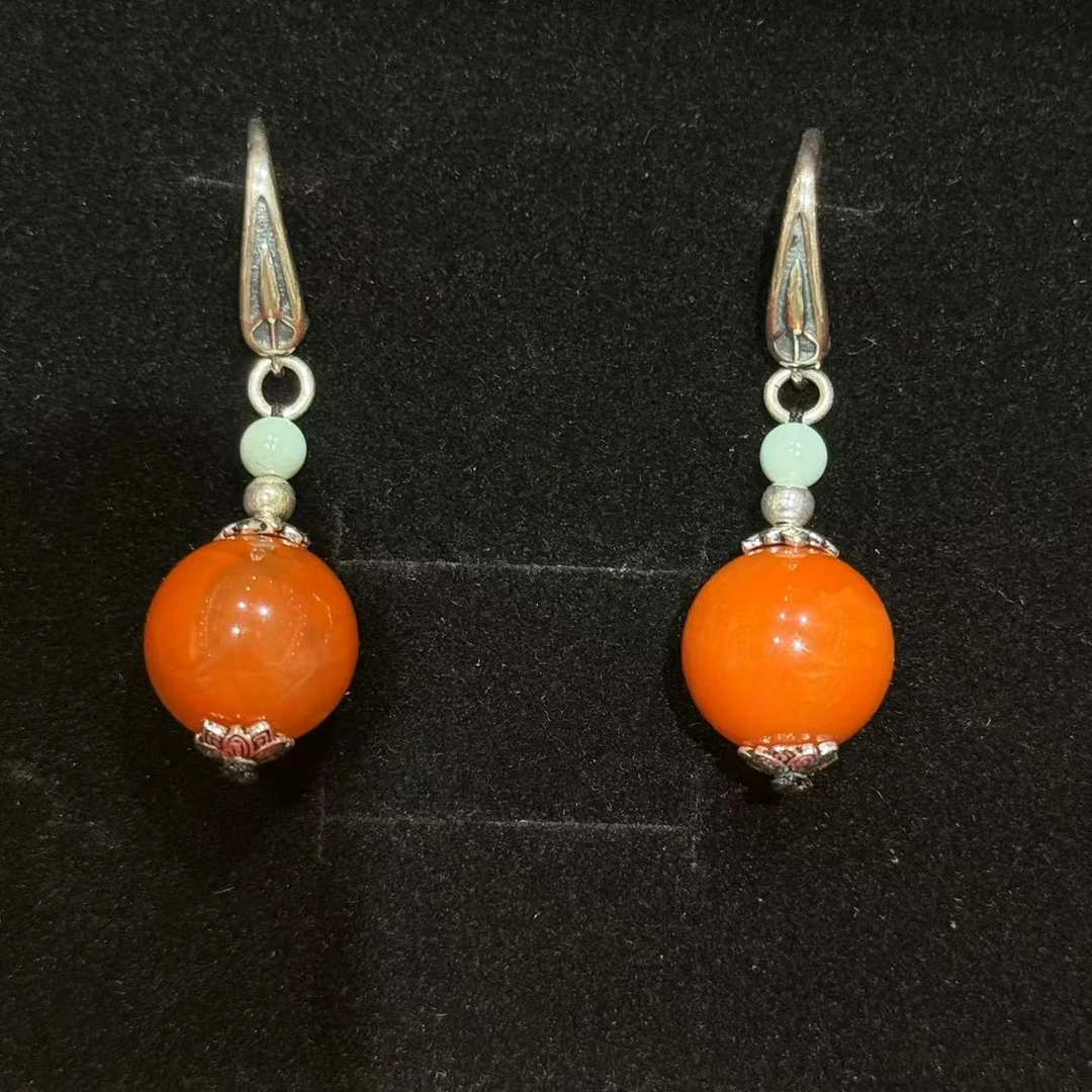 老银坊12m南红圆珠水滴耳钩0014882