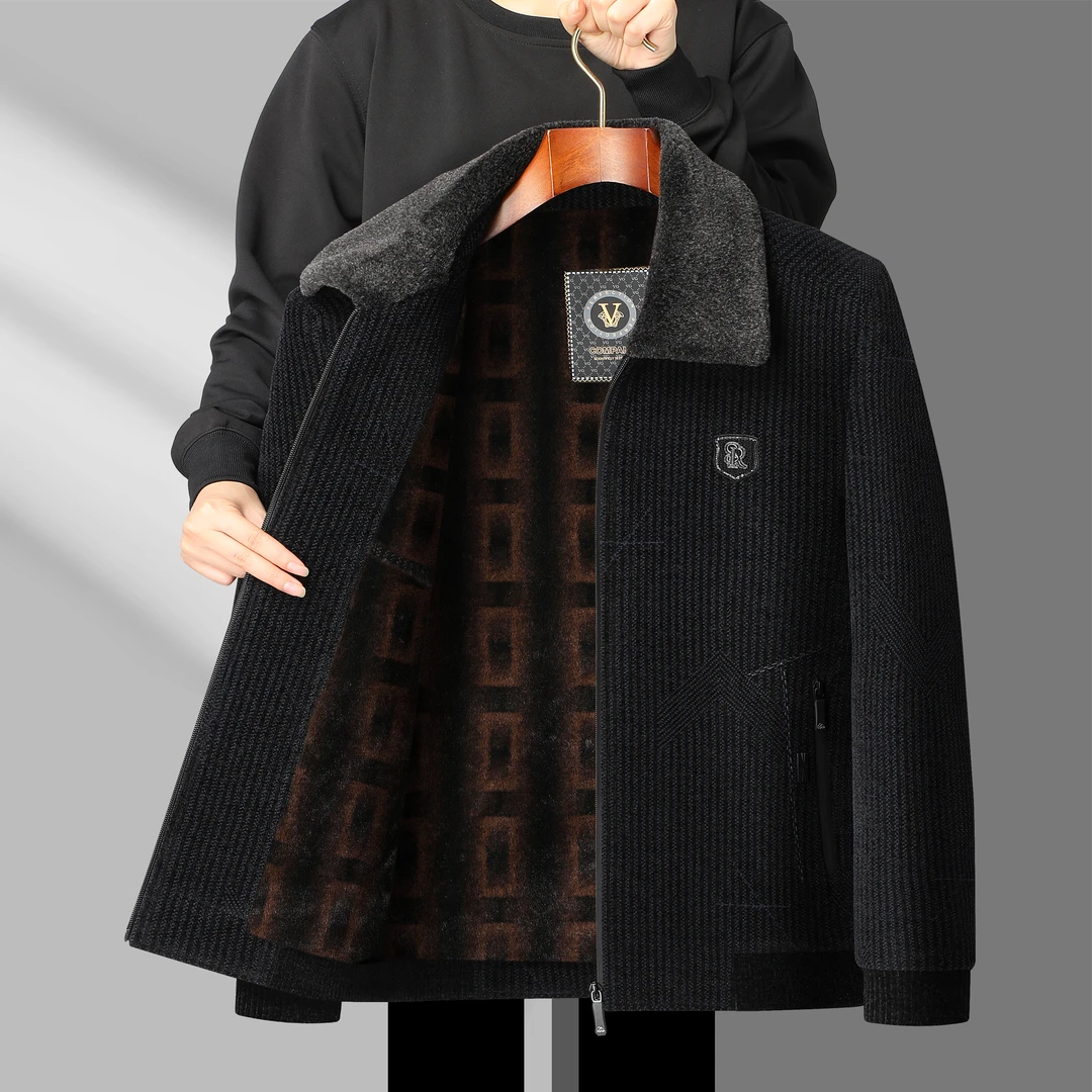 中老年男士加绒翻领外套大码加厚秋冬季商务休闲保暖雪尼尔爸爸装