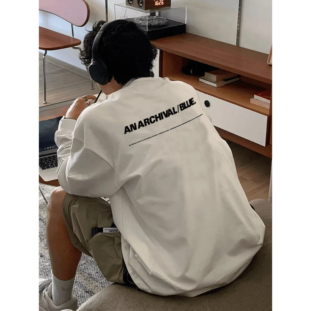 重磅纯棉】新款港风小众帅气白色百搭宽松圆领韩版男生ins长袖T恤