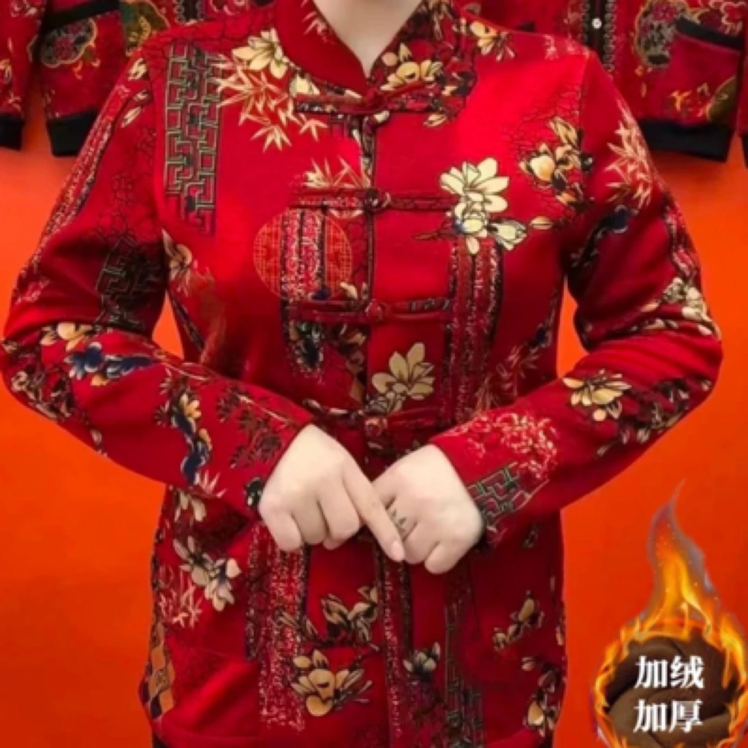 加绒加厚花好月圆中老年秋冬新款复古国风保暖开衫