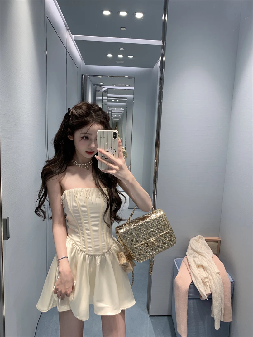 【天鹅系】 纯欲甜美气质高级感少女珍珠流苏收腰设计感抹胸连衣裙