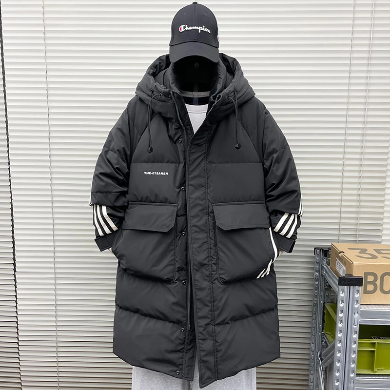 中长款羽绒服男青少年2023冬季新款潮流条纹连帽宽松保暖学生派克