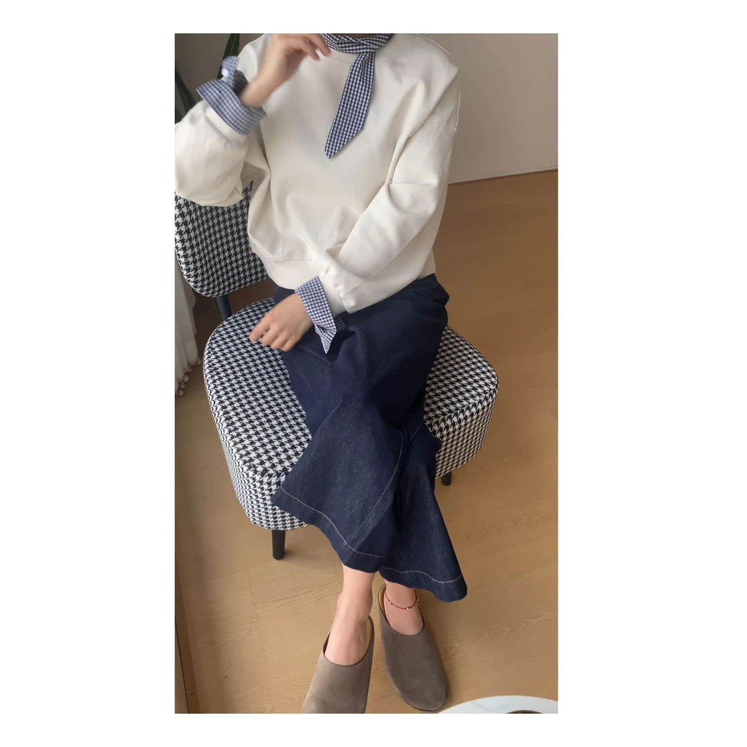 2024秋季配丝巾袖口拼接假两件卫衣韩版