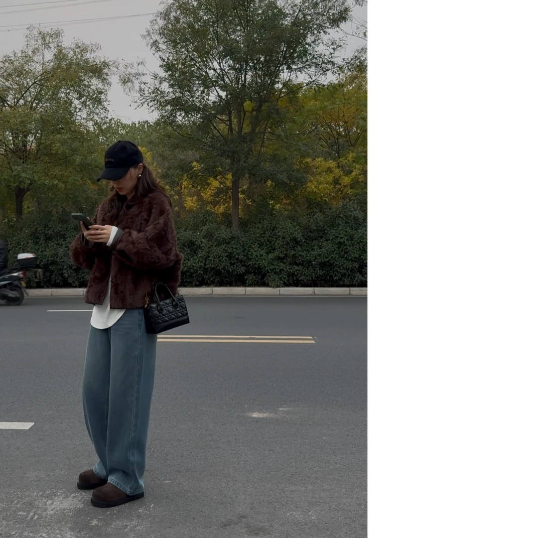 蓝色牛仔加绒阔腿裤高腰设计感显瘦阔腿裤