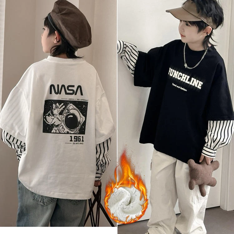 男潮流韩版童装2025儿童潮酷拼接假两件秋卫衣中大童套头长袖T恤