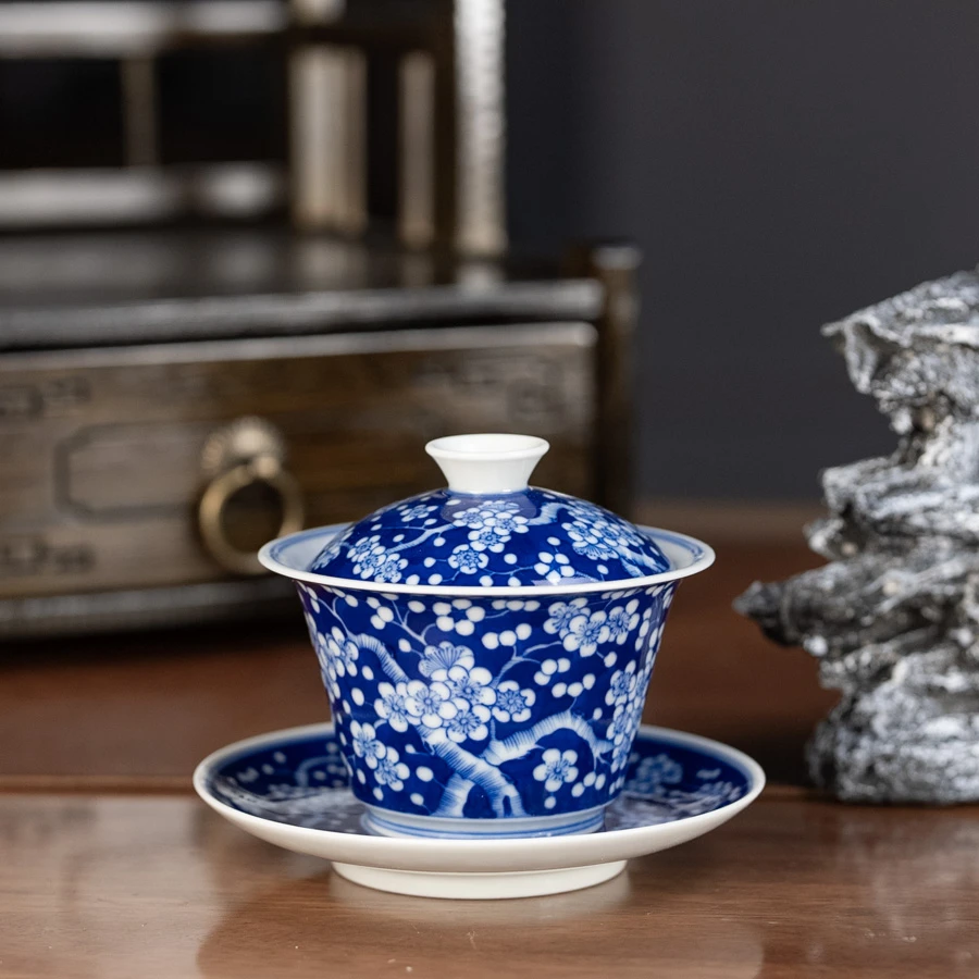 天下惟器柴窑青花冰梅马蹄三才盖碗