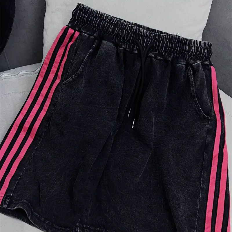 【短裤】2025水洗做旧工艺三条杠设计纯棉宽松松紧腰围洗水复古短裤