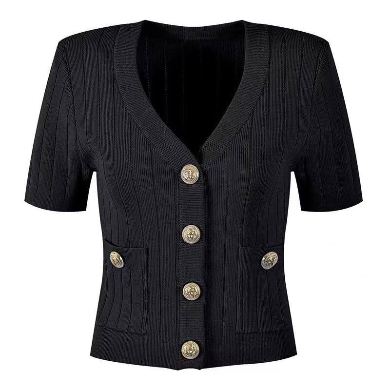 J H M  夏新款女小个子V领针织短袖上衣狮子头扣修身镂空纯色开衫