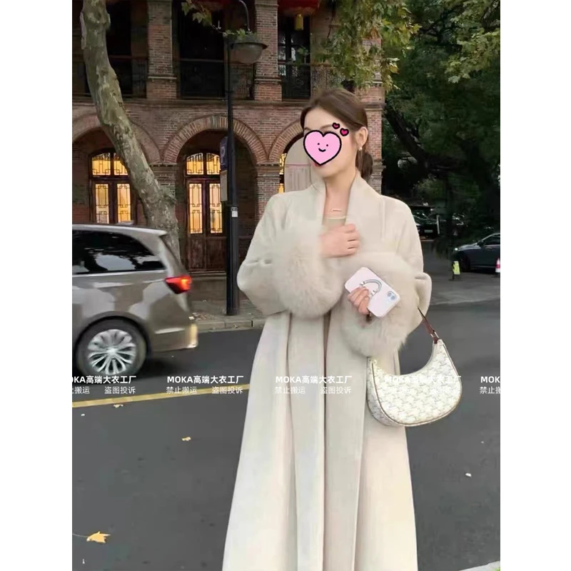 新款双面羊绒大衣狐狸毛浴袍长款高级感女装羊毛呢外套