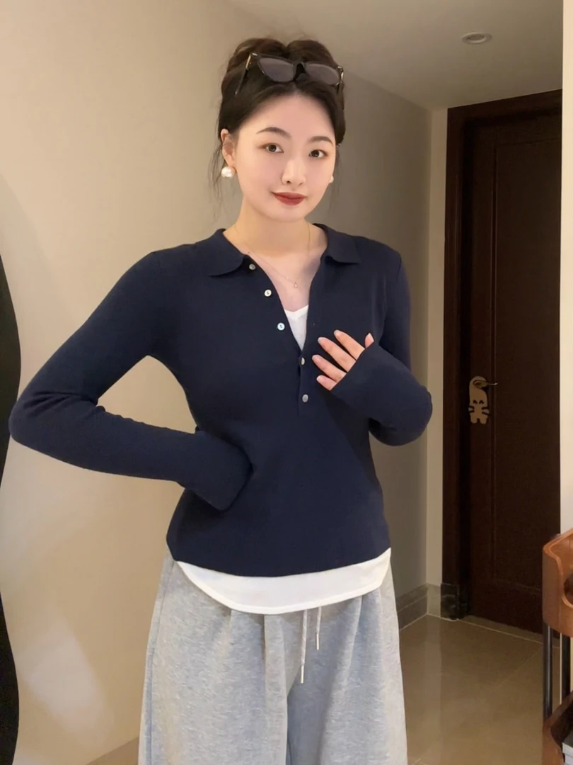 something叁熏 假两件毛针织衫气质小众翻领短款纯色毛衣