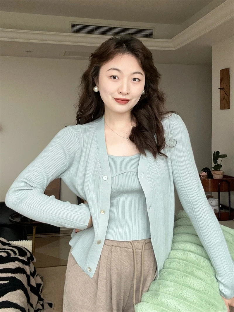 Something叁熏 简约针织开衫+背心显瘦套装