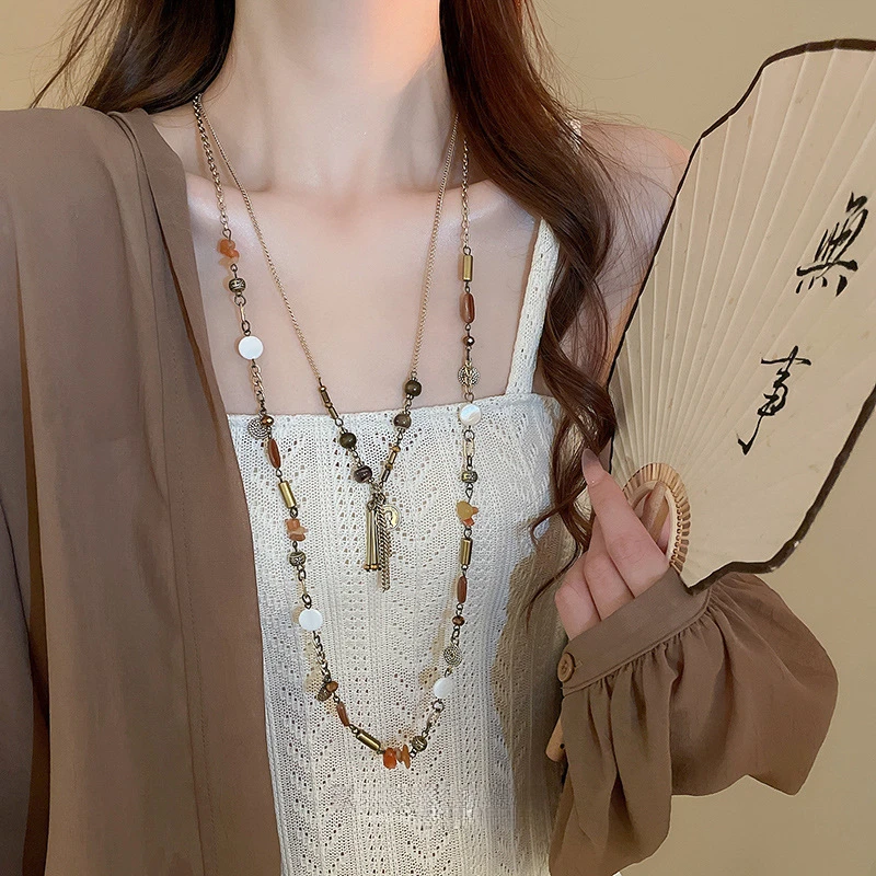 合金项链 民族风复古钱币流苏串珠项链长款毛衣链新中式小众设计