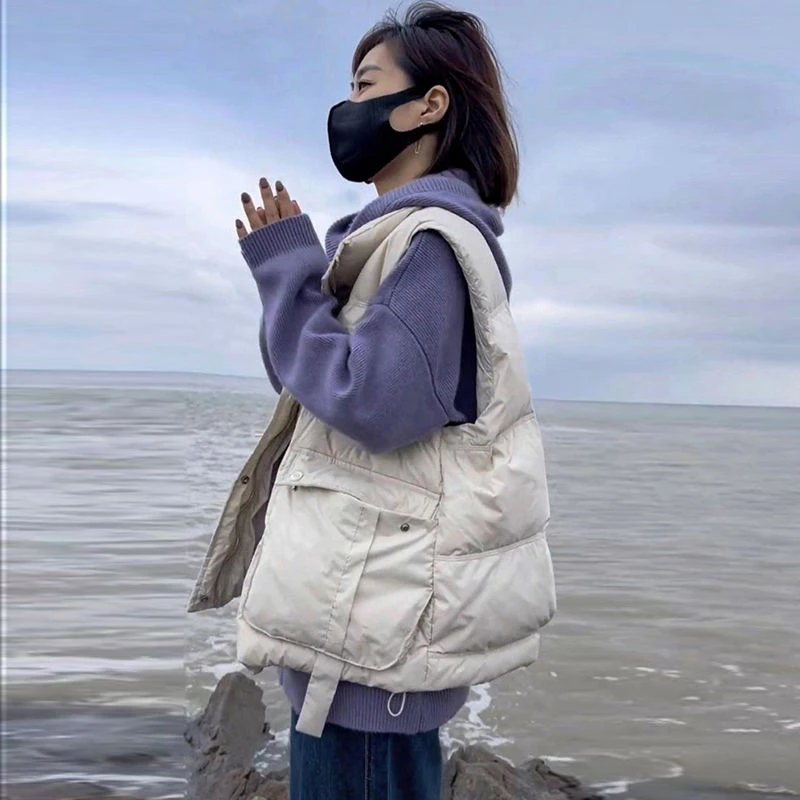 羽绒马甲女短款秋冬小个子轻薄无袖棉坎肩韩版宽松大口袋马夹外套