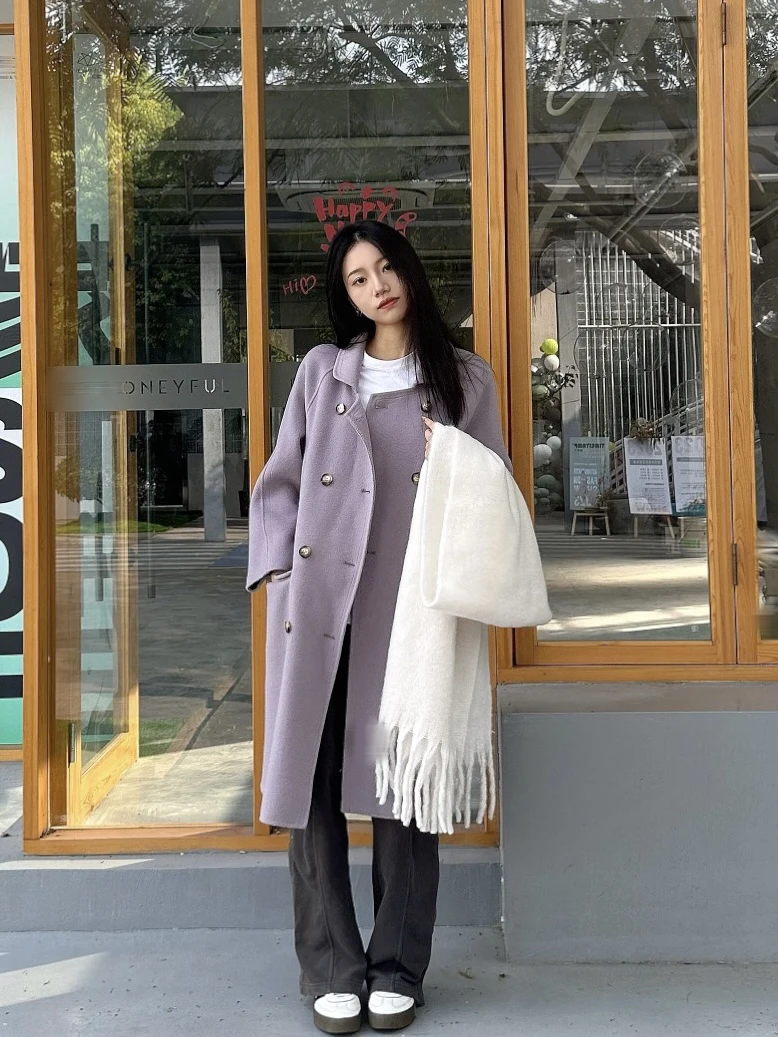 秋冬氛围感韩版翻领灰紫色通勤荃羊毛双面呢大衣百搭宽松时尚女