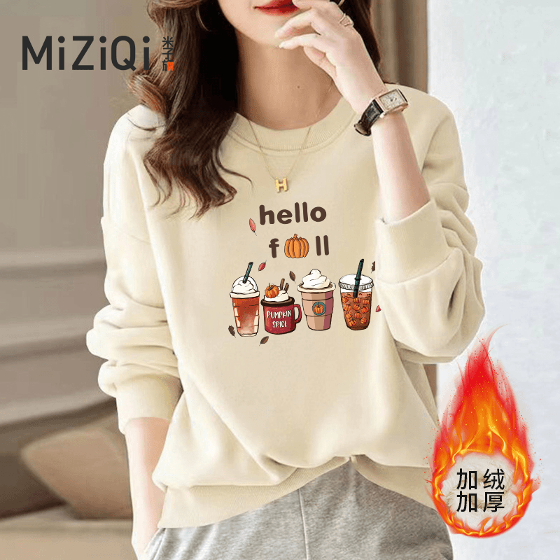米子旗女款韩版卫衣2023秋季ins宽松圆领加绒加厚印花长袖上衣