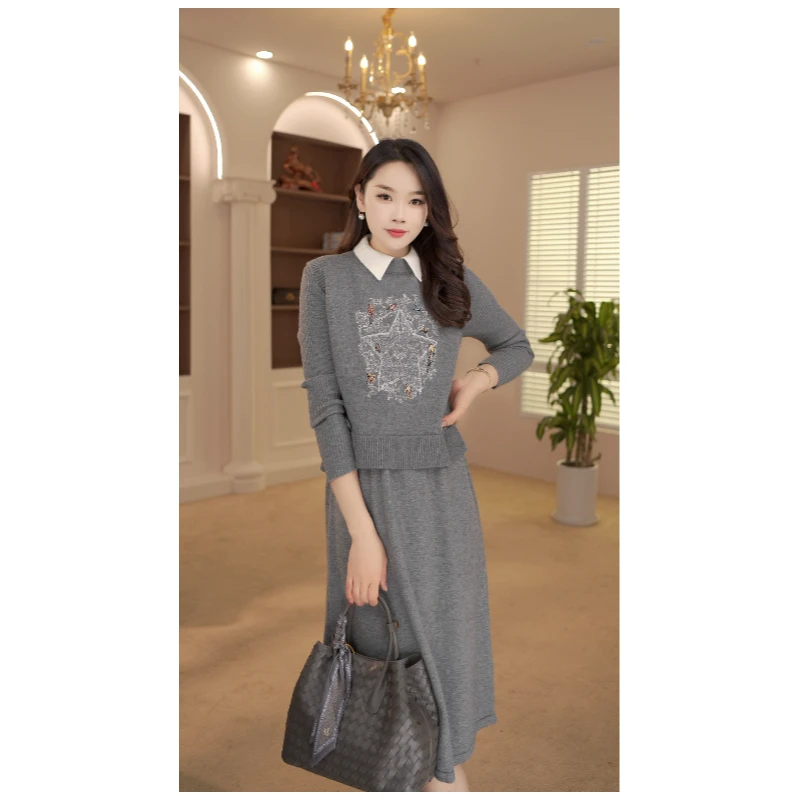 L613#洋气时尚减龄套装裙2024秋冬新款polo领连衣裙高级感马甲