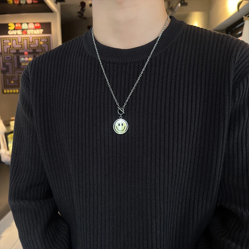 钛钢项链 笑脸项链男设计感不掉色男毛衣链可翻转双面表情吊坠女