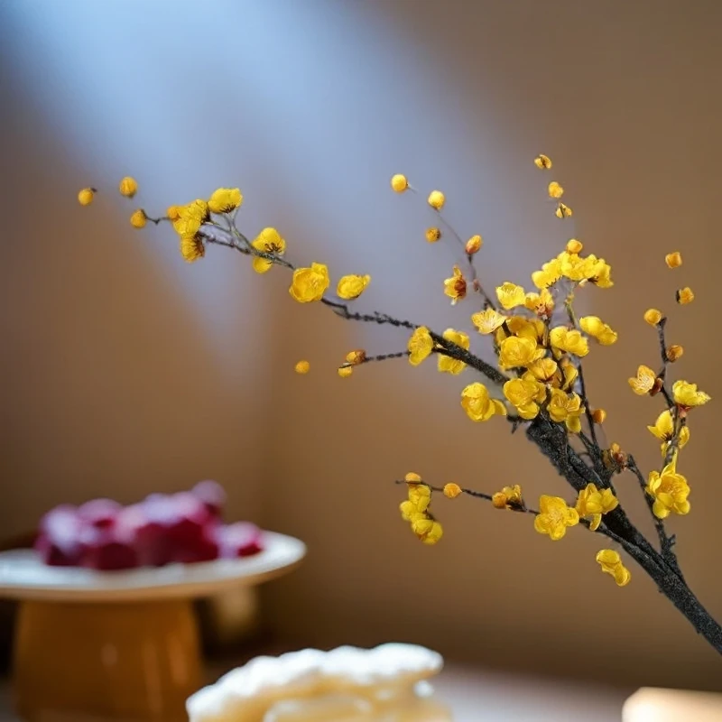 单支长枝仿真梅花假花长枝腊梅绢花灯笼装饰插花复古汉服摄影道具