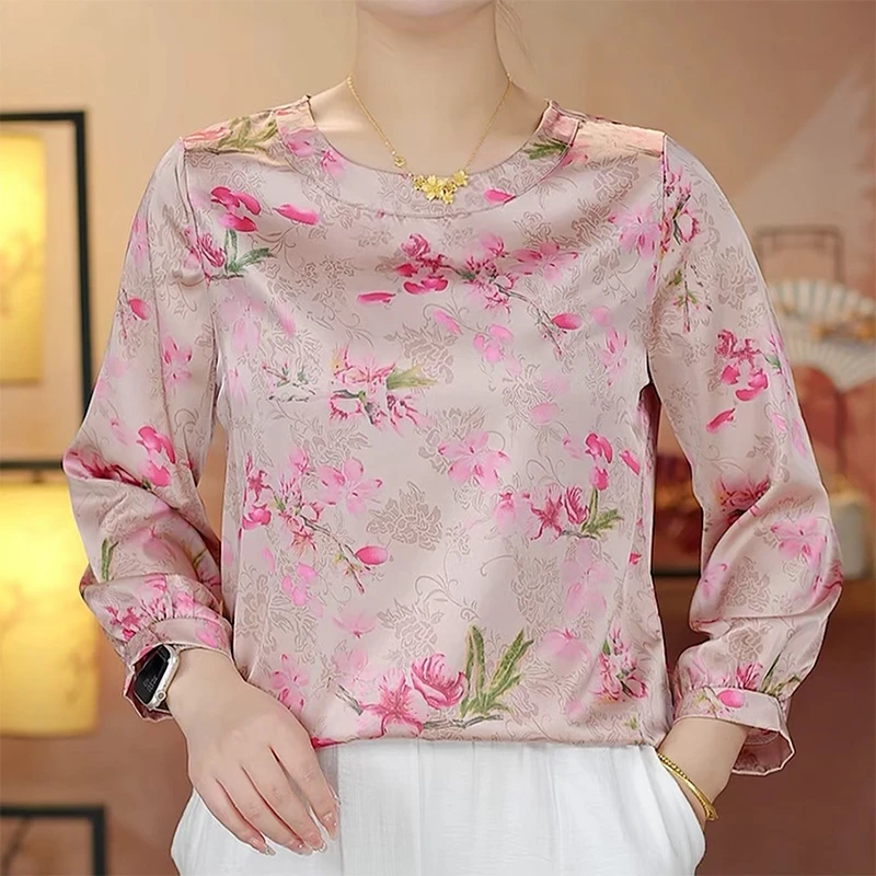 【119】2024年秋季新款长袖衬衫中老年女装妈妈装时尚百搭圆领小衫