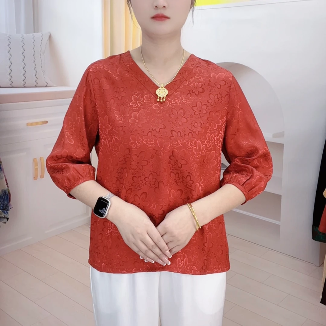 【280】2024年新款v领小衫百搭宽松七分袖妈妈装上衣显瘦