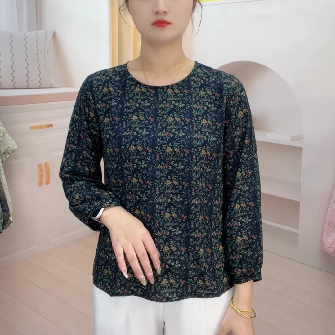 【204】小碎花2024年秋季新款圆领长袖小衫显白遮肉显瘦妈妈装