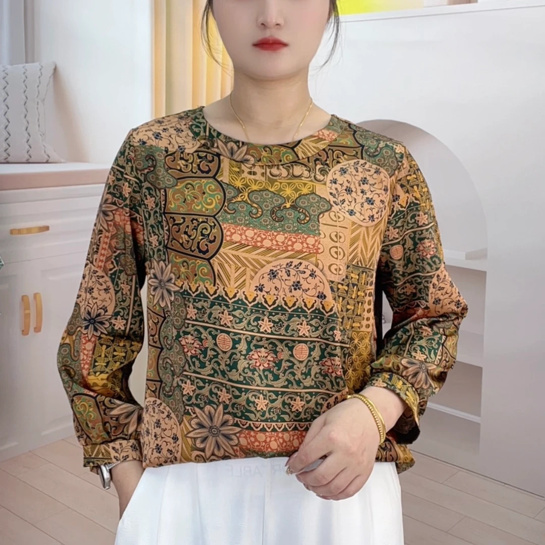 【149】2024年秋季新款富贵吉祥长袖圆领小衫宽松长袖妈妈装上衣