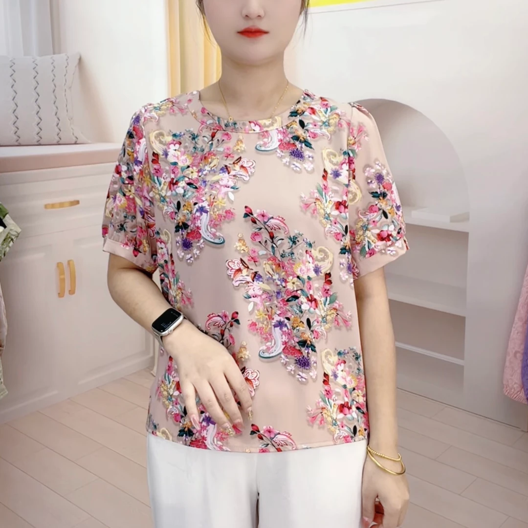 【063一路生花】2025年春季新款短袖小衫百搭宽松圆领妈妈装上衣T恤