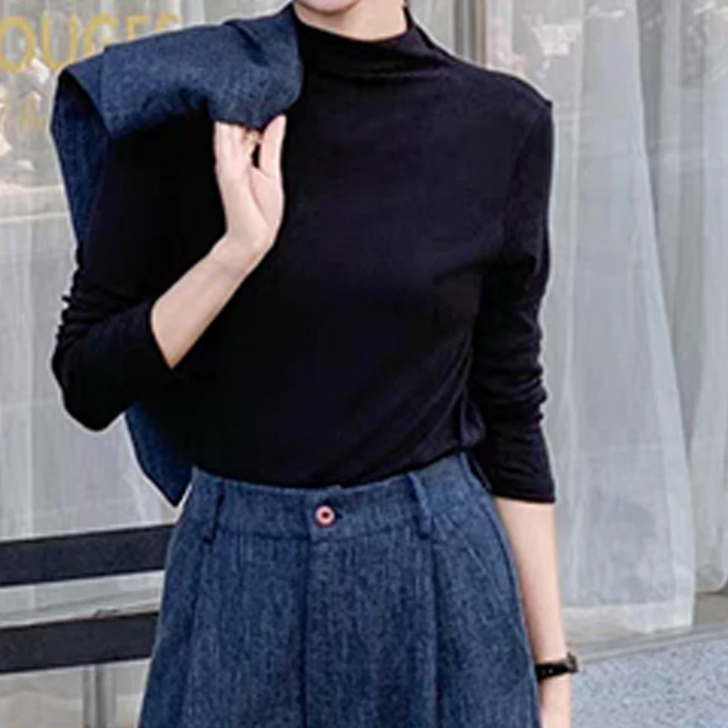 众和梦9391春秋黑色半高领打底衫百搭时尚T恤女