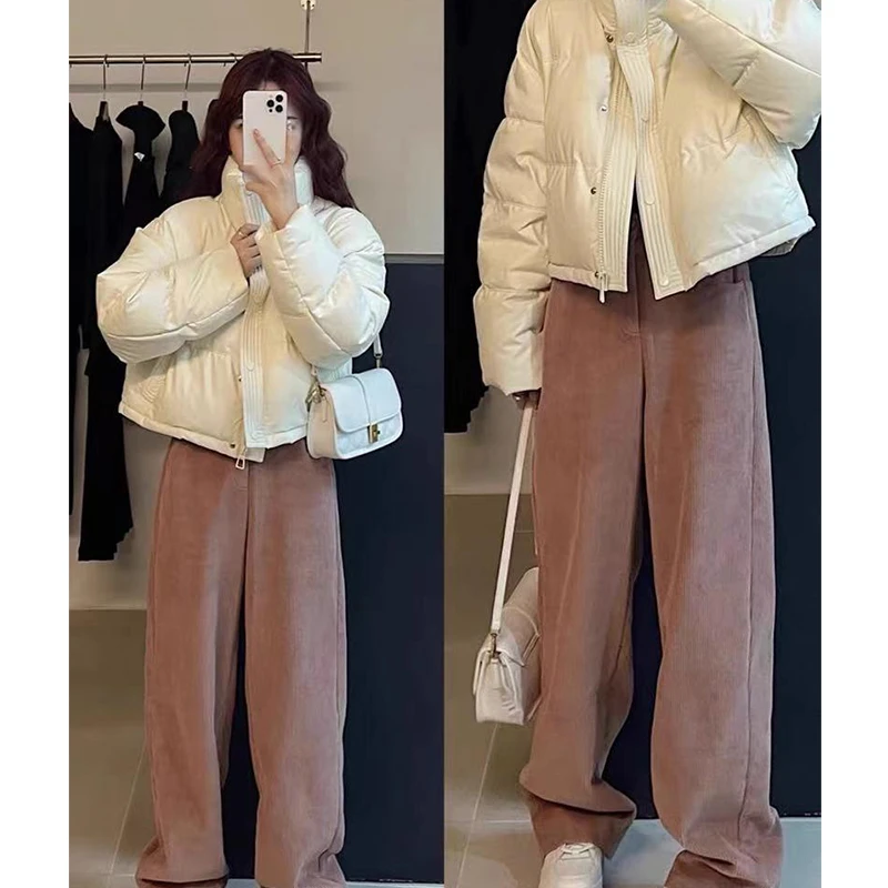 众和梦9142冬季免洗PU皮羽绒服女短款加厚立领面包服小个子外套