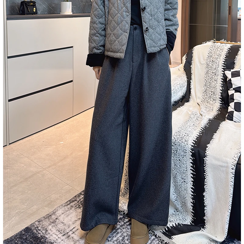 9404毛呢加绒百搭阔腿裤休闲裤秋冬新款直筒裤