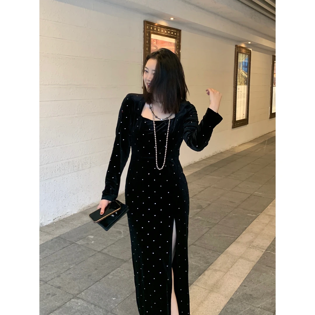 YJR叶老本儿 高缇耶 法式绝美气质显瘦丝绒连衣裙YJR091
