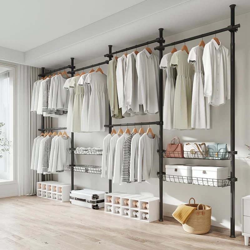 顶天立地晾衣架简易衣柜可伸缩加厚落地室内卧室阳台衣帽间挂衣架