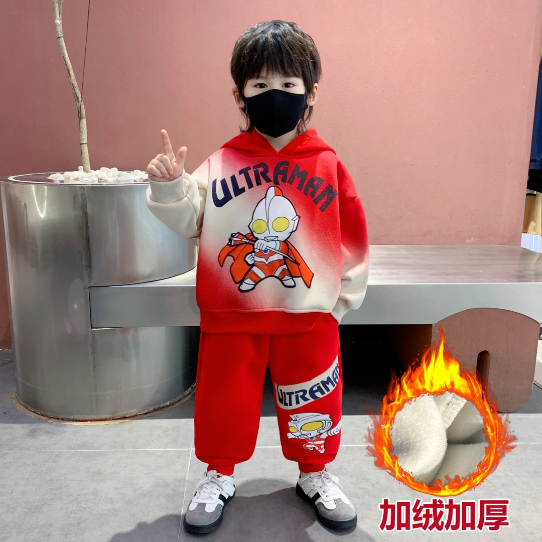 奥特曼男童加绒套装秋冬款儿童冬季宝宝衣服帅气小男孩加厚两件套