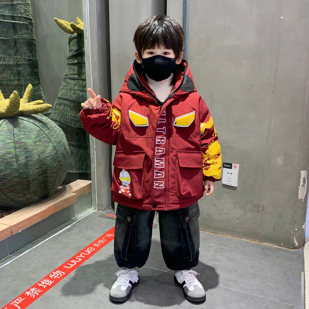 奥特曼儿童外套男童冬装加绒外套国潮帅气衣服中小儿童加厚保暖
