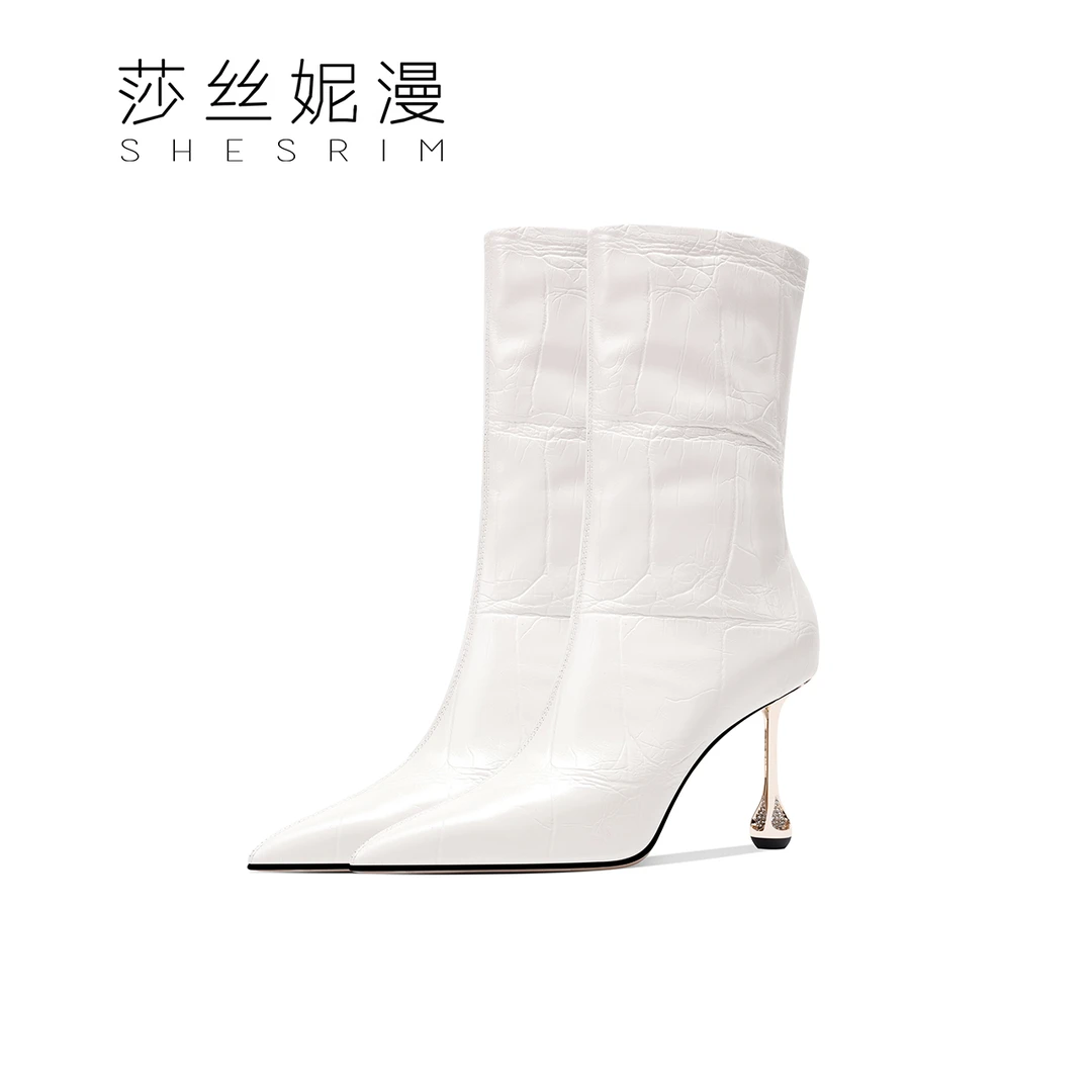 2024冬季新款中筒靴子绒里石头纹牛皮时尚气质细跟简约尖头高跟鞋